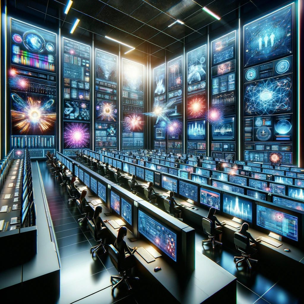 Futuristic bluish room full of computers generated by AI, it represents GPTs