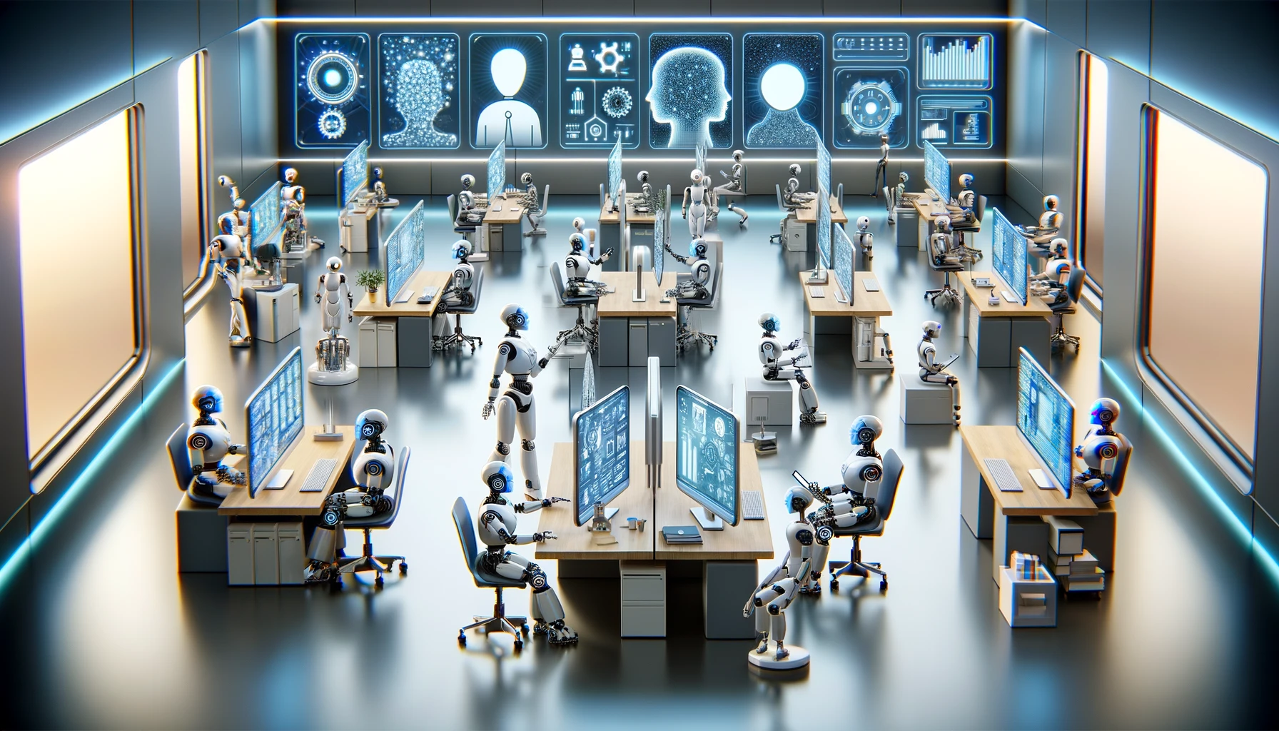 A bluish room with computers and robots (AI generated), it represents GPTs available online